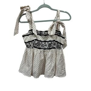 Doe and Rae Polka Dot Floral Tie Strap Smocked Babydoll Top Cream Black Small